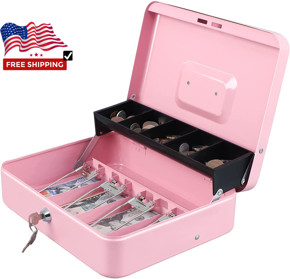 Pink Cash Box with Money Tray and Key Lock,Tiered,4 Bill /5 Coin Slots for girls