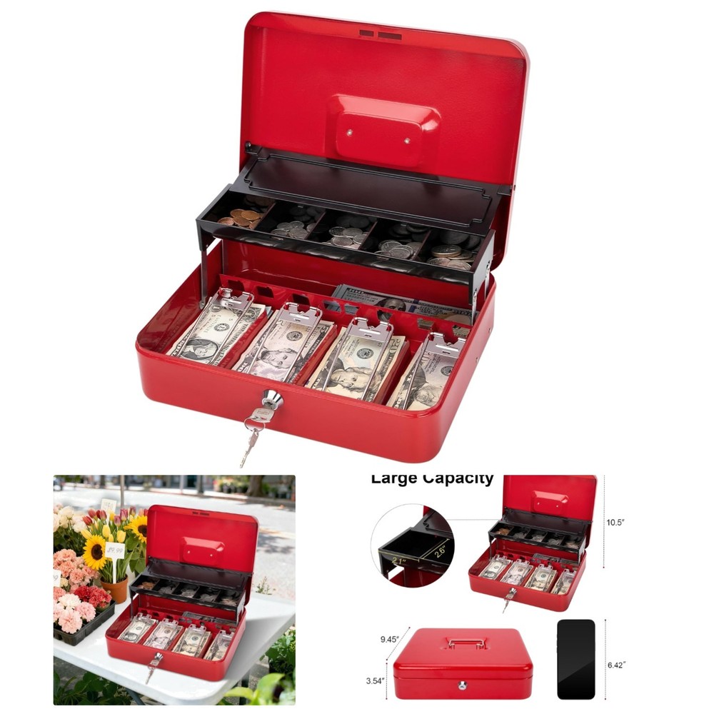 Heavy Duty Red Lock Box with Key & 5-Compartment Organizer – 392 Cubic Inches