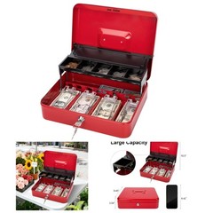 Heavy Duty Red Lock Box with Key & 5-Compartment Organizer – 392 Cubic Inches