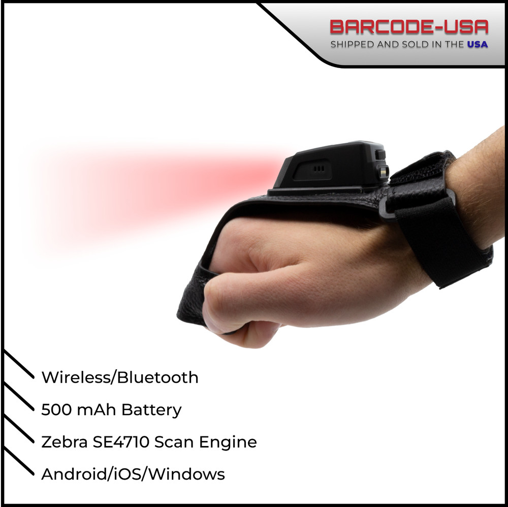 Wireless Barcode Glove Scanner, Cradle+Spare Battery, 2D/1D, iOS/Android/Windows
