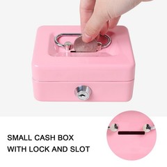 Jssmst Small Cash Box with Lock and Slot, Metal Coin Piggy Bank X-Small, Pink