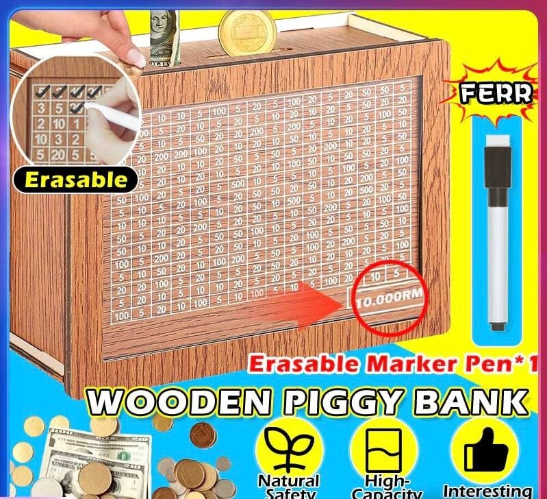 Money Box Handmade Reusable Piggy Bank Crafts Wooden Cash Box Storage -$10,000
