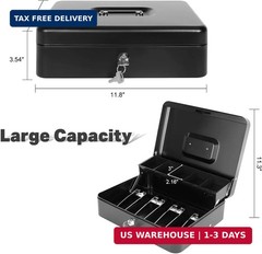 Cash Box with Key Lock and Money Tray – Metal Money Box for Cash Register, Large