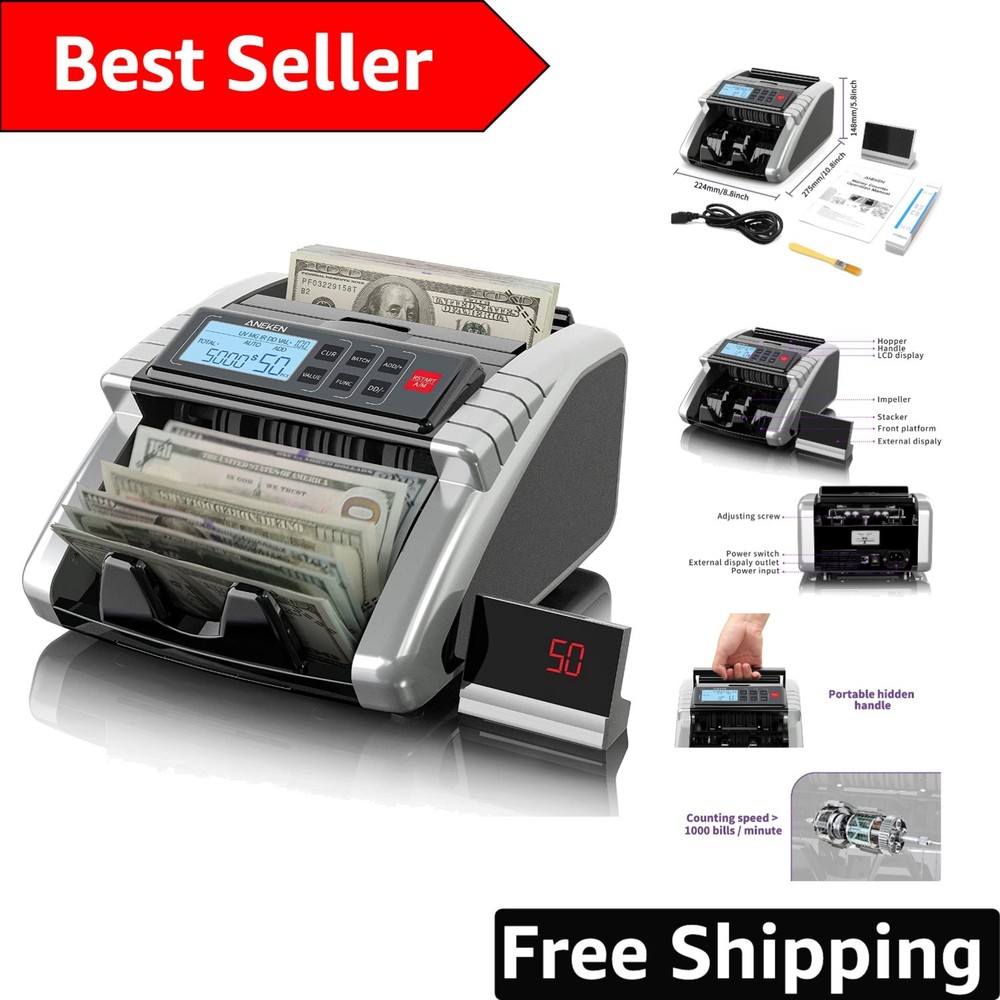 High-Speed Money Counter Machine with UV/MG/IR Counterfeit Detection – Silver