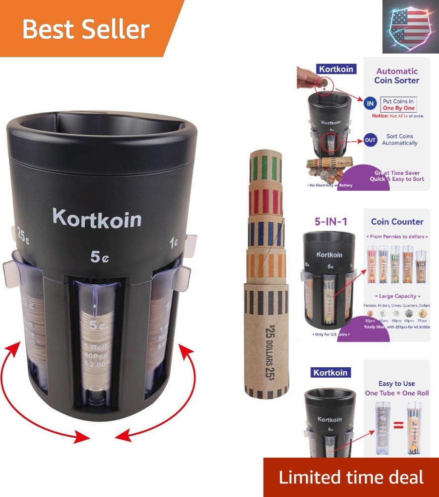 Automatic Coin Sorter 5-in-1 Coin Counter with Coin Wrappers, Empty Piggy Ban