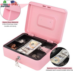 Pink Cash Box with Money Tray and Lock, Metal Money Box for Cash, Lock Box for M