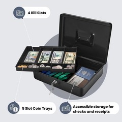 Cash Box with Money Tray and Lock – Metal Cash Box for Small Businesses, 9-Co…