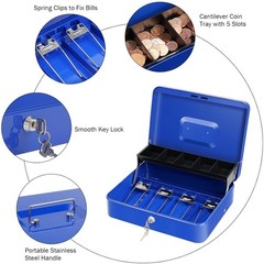 Large Cash Box with Lock Key – Metal Money Safe Blue