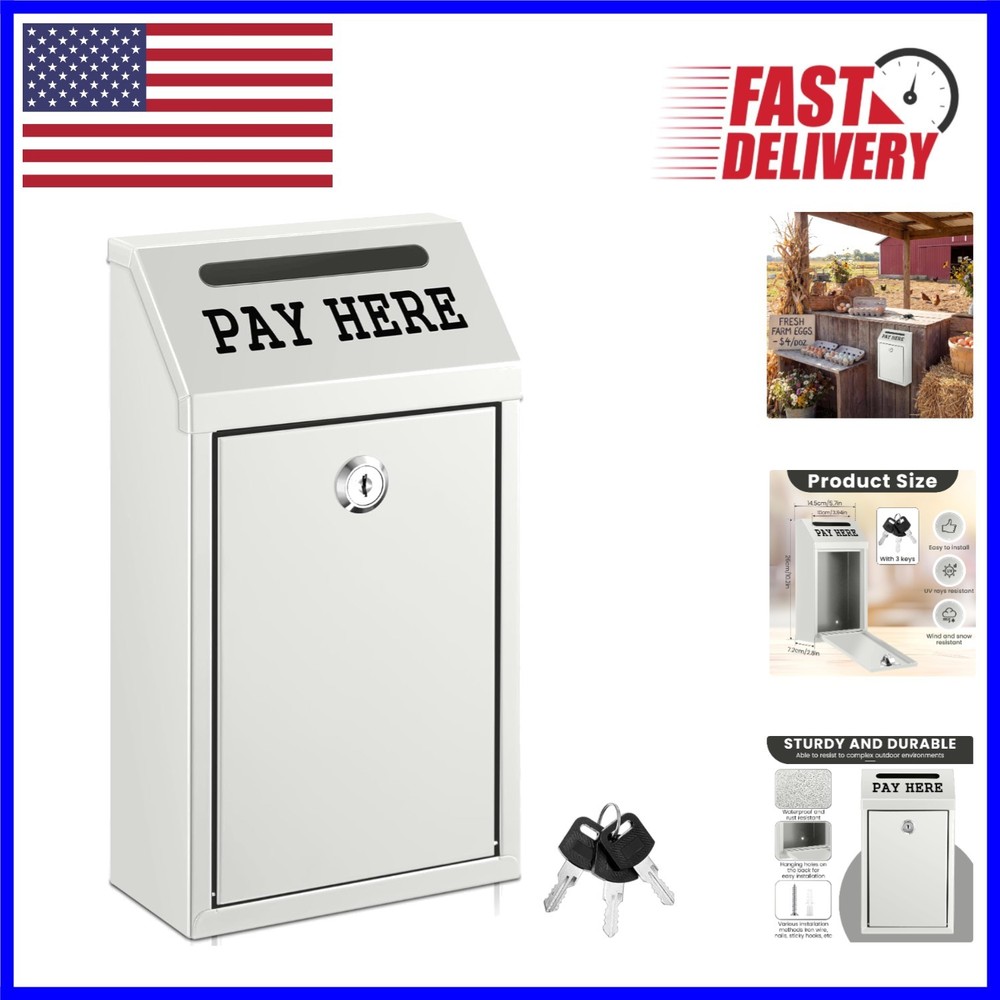 Durable Metal Cash Box with Key Lock – Ideal for Self-Serve Stands, White Finish