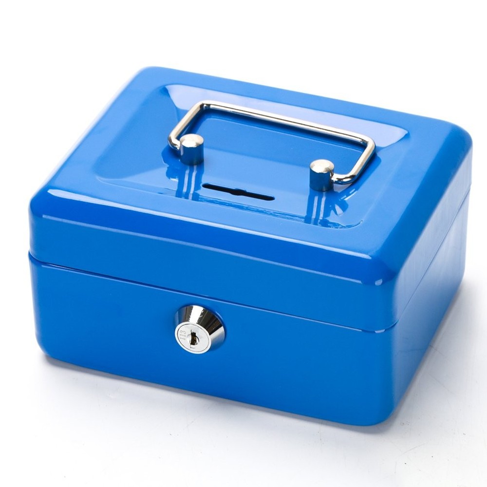 Small Money Box with Key Lock 6″ Cash Box with Money Tray for Kids Blue