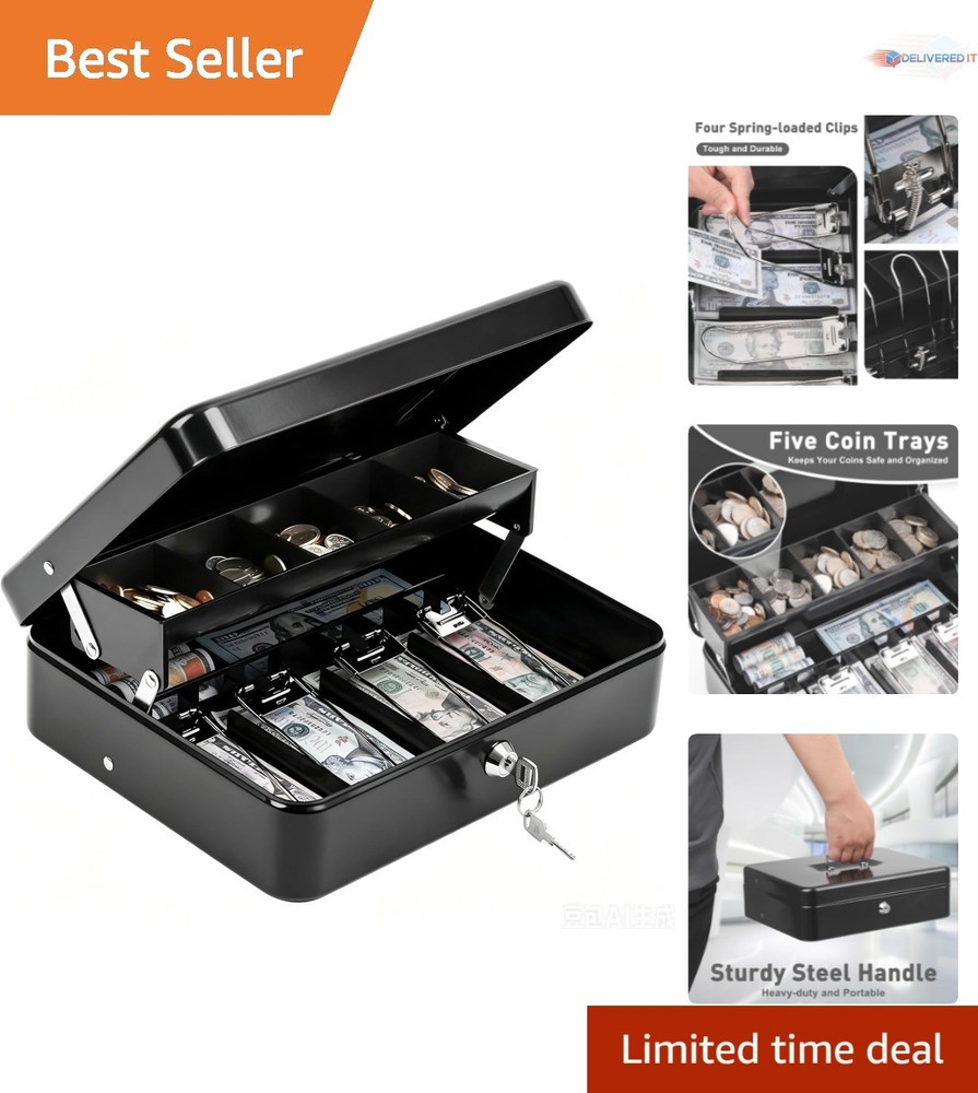 Cash Box with Key Lock Alloy Steel Portable Coin Tray Hidden Storage Black