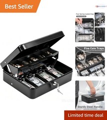Cash Box with Key Lock Alloy Steel Portable Coin Tray Hidden Storage Black