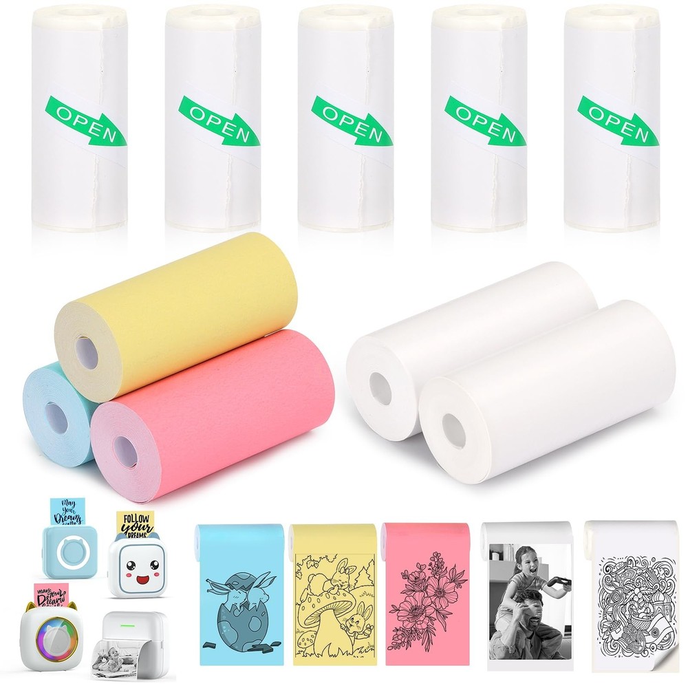 10 Rolls Mini Printer Paper – 5 Thermal Sticky & 5 Plain, 57X25mm for Inkless…