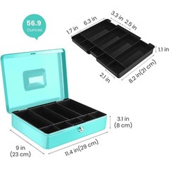 Portable Cash Lock Box W/ Key 9 Compartment Money Organizer Bills & Coins New