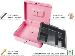 Elegant Pink Large Metal Cash Box with Double Storage & Key Lock – 9.84″x7.87″