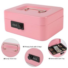 Steel Cash Box Safe Combination Lock Removable Coin Tray 7.87×6.3×3.54 Pink