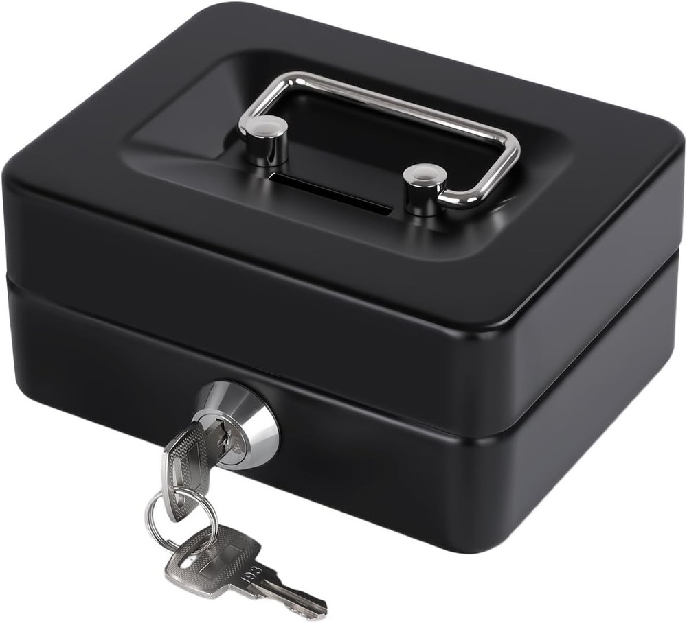 Mini Cash Box With Slot Small Cash Box With Money Tray & Key Lock Metal Black