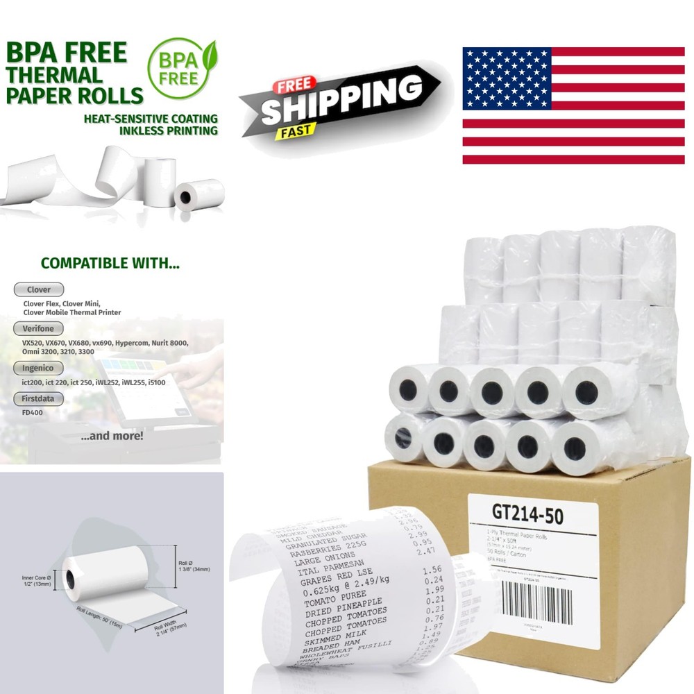 Clear Print Thermal Paper Roll 2.25 Inch x 50 Feet 50 Rolls Biodegradable