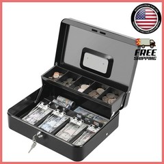Portable Locking Cash Box – XL Safe Box with Key & Coin Tray, 11.81×9.45 Inches