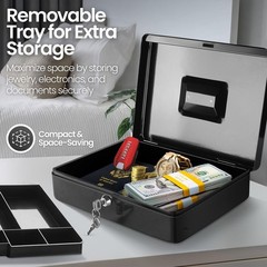 Flexzion Cash Box with Money Tray and Lock – Metal for zzzz-s, Black