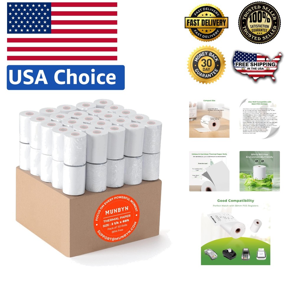 Smooth Finish 50 Rolls of 2 1/4″ x 85ft Thermal Paper for Convenient Printing