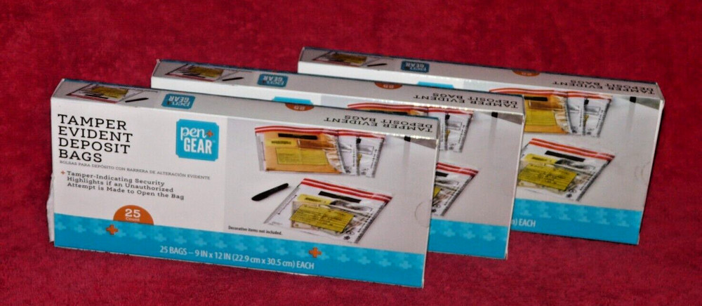 75 Tamper Evident Deposit Bags 9″ by 12″ 3 boxes of 25 NEW, Unopened, unused.