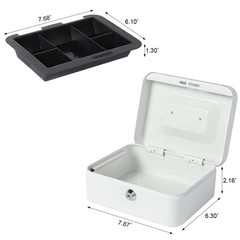 White Small Metal Cash Money Box Tray Lock Safe Storage 7.87×6.3×3.54 Inch