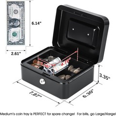 Durable Medium Cash Box with 2 Keys, Removable Money Tray – Black Steel