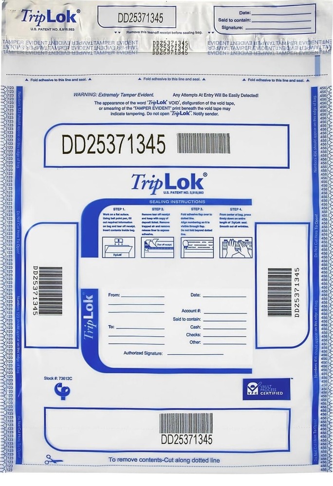 Tamper Evident Bank Deposit Bags, 12 x 16 Clear, Serialized, Barcode, 190 Bags