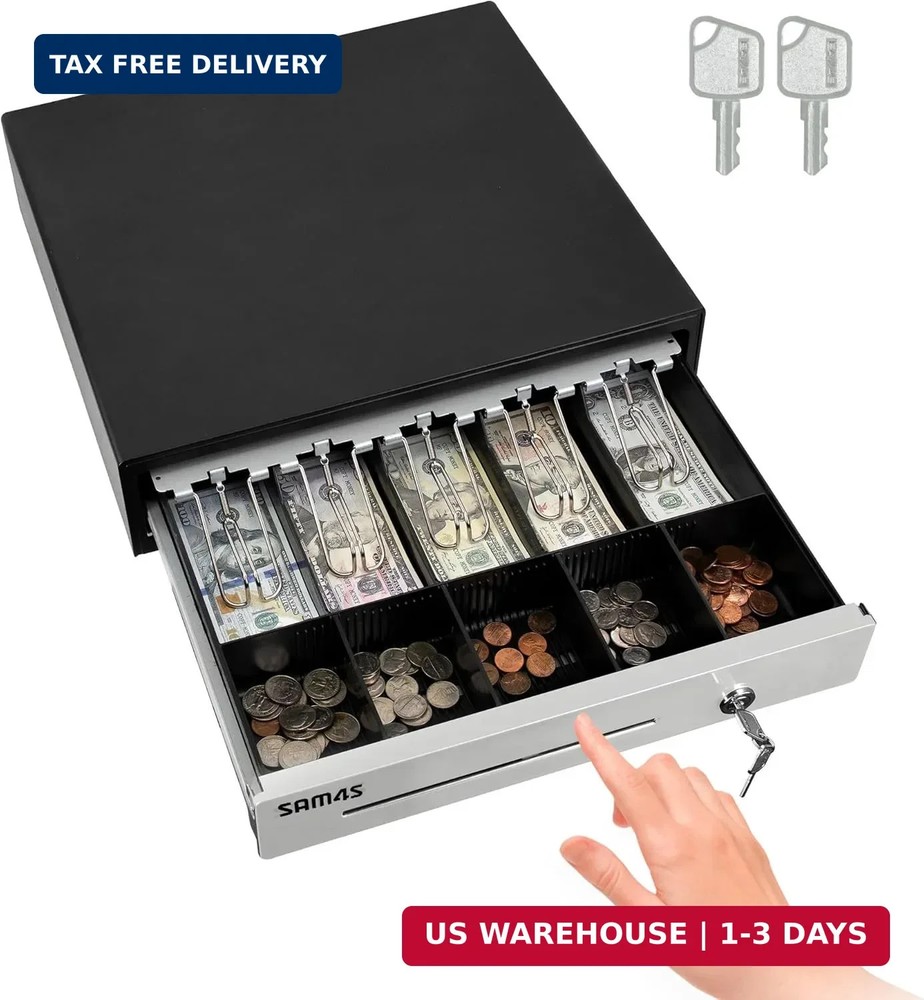 SAM4s 16″ Heavy Duty Black Manual Push Open Cash Drawer with 5Bill/5Coin Stainle