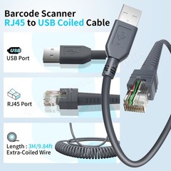 USB A to RJ45 Scanner Coiled Cable For Zebra DS4208-SR DS9208 CBA-U01-S07ZAR 3M