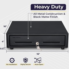 Durable Cash Register Drawer 16 Inch Black with Stainless Steel Coin Compartment