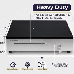 Durable Black Cash Register Drawer, 16″, Stainless Front, 5 Bill/6 Coin