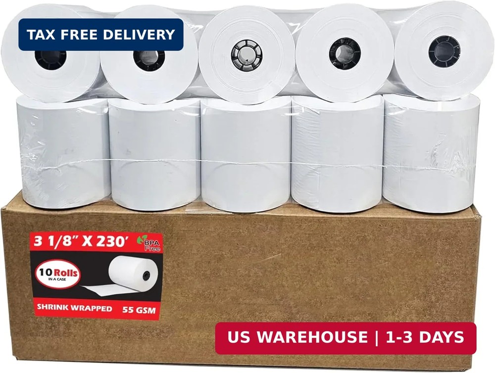 (10 Rolls) 3 1/8 x 230 Thermal Paper Receipt Rolls (55 GSM – 80mm x 70m) Fits Al