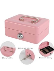 Pink Mini Cash Box Metal Lockable Portable with Removable Tray and Handle