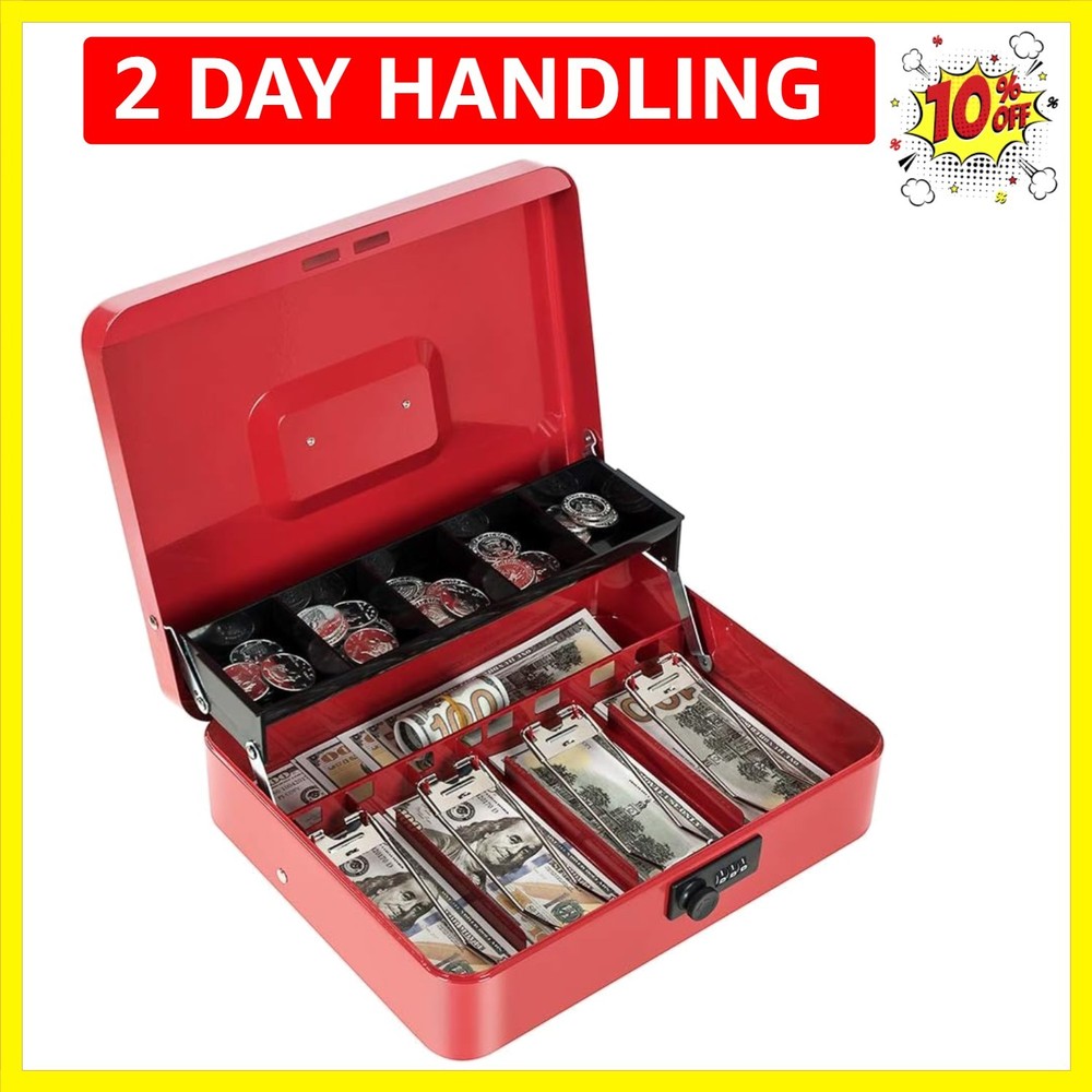 Cash Box with Money Tray and Combination Lock Metal Money Box for Cash Tiered…