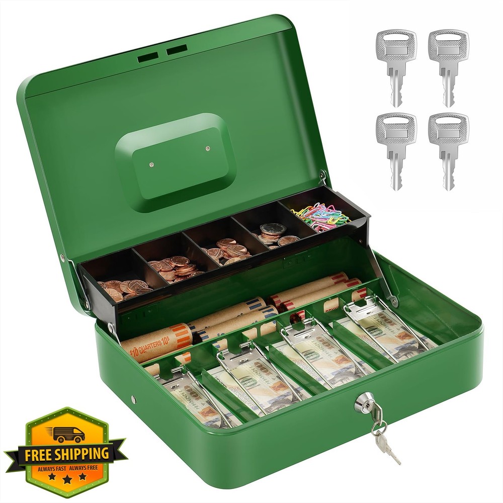 Goehiaul Green Metal Cash Box Lock Tray
