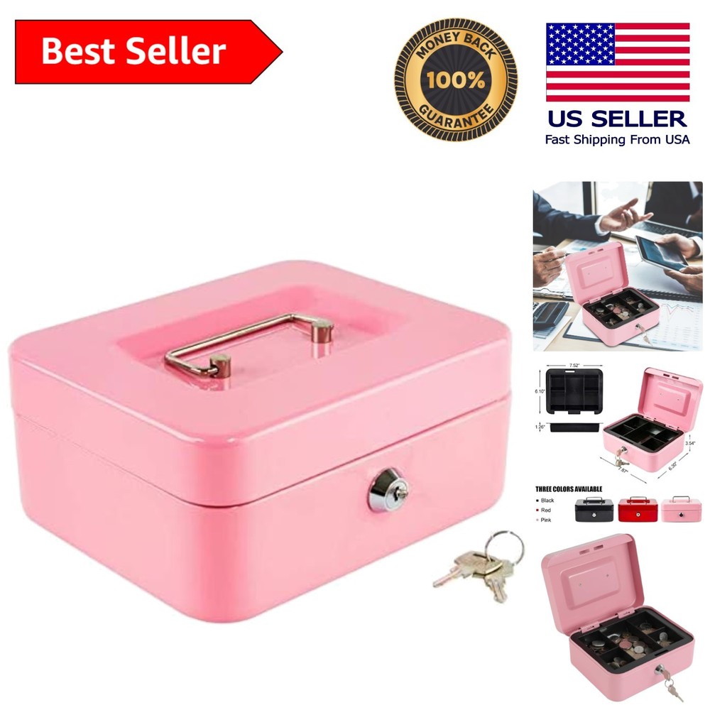 Elegant Pink Locking Cash Box with Key Lock & Removable Coin Tray – 7.87″x6.30″