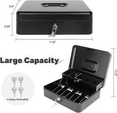 Cash Box with Money Tray and Lock, Metal Money Box for Cash Register, Large