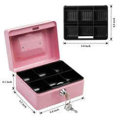 Steel Cash Box with Key Lock, Metal Small Money Pink – 5.9″ x 3.1″ x 4.7″