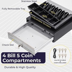 Compact 13″ Black Cash Register Drawer – 4 Bill & 5 Coin Slots, Secure Lock