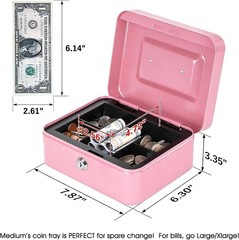 Compact Pink Cash Lock Box with Key, Double Layer for Coins & Cash Storage