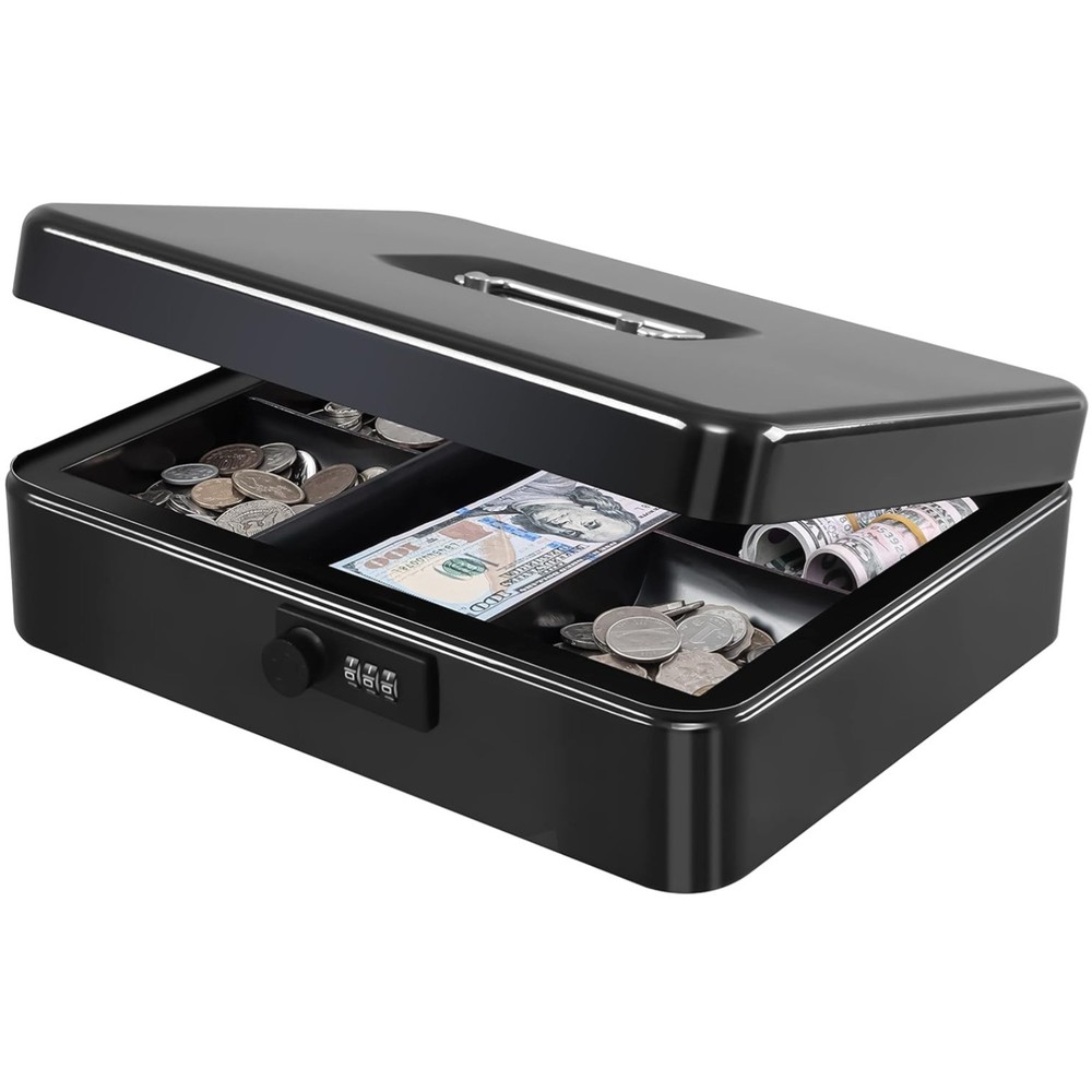 Large Metal Cash Box with Combination Lock – Black