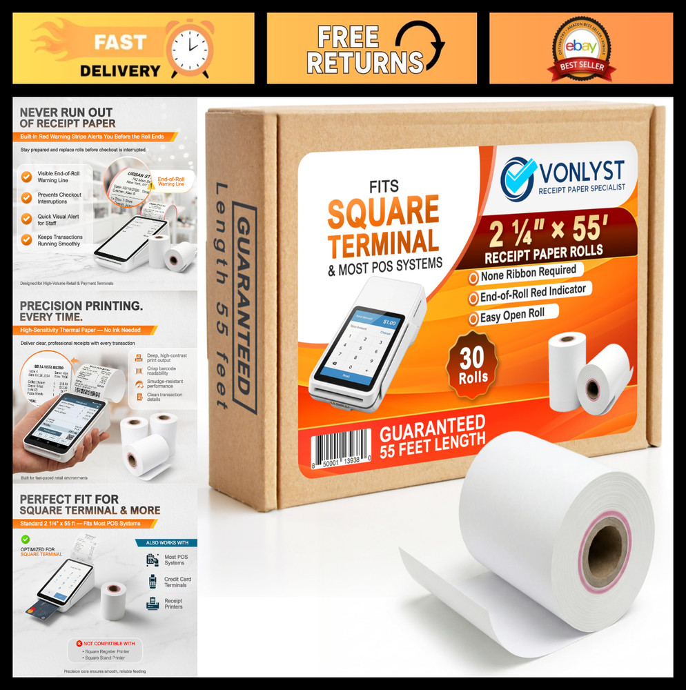 Thermal Receipt Paper Rolls 2 1/4″ x 55′ – BPA Free for POS Printers, 30 Pack