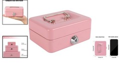 Pink Locking Steel Mini Cash Box for Kids with Removable Coin Tray