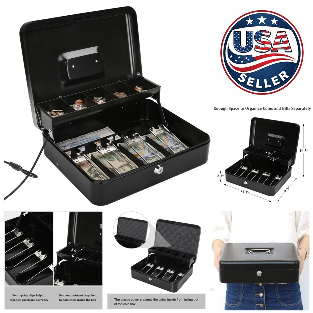 Freestanding Fire Resistant Large Cash Box with Security Cable & Key Lock, Black