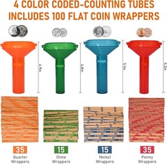 Coin Counting Tubes Set of 4, Color-Coded Tubes, Includes 100 Assorted Flat Coin