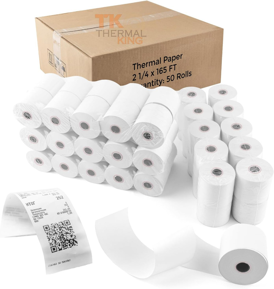 (50 Rolls) 2 1/4″ X 165′ Thermal Paper, POS Receipt Paper for Retail Business Ca