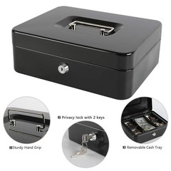 Locking Steel Large Cash Box Removable Coin Tray Key Lock 9.84×7.87×3.54″