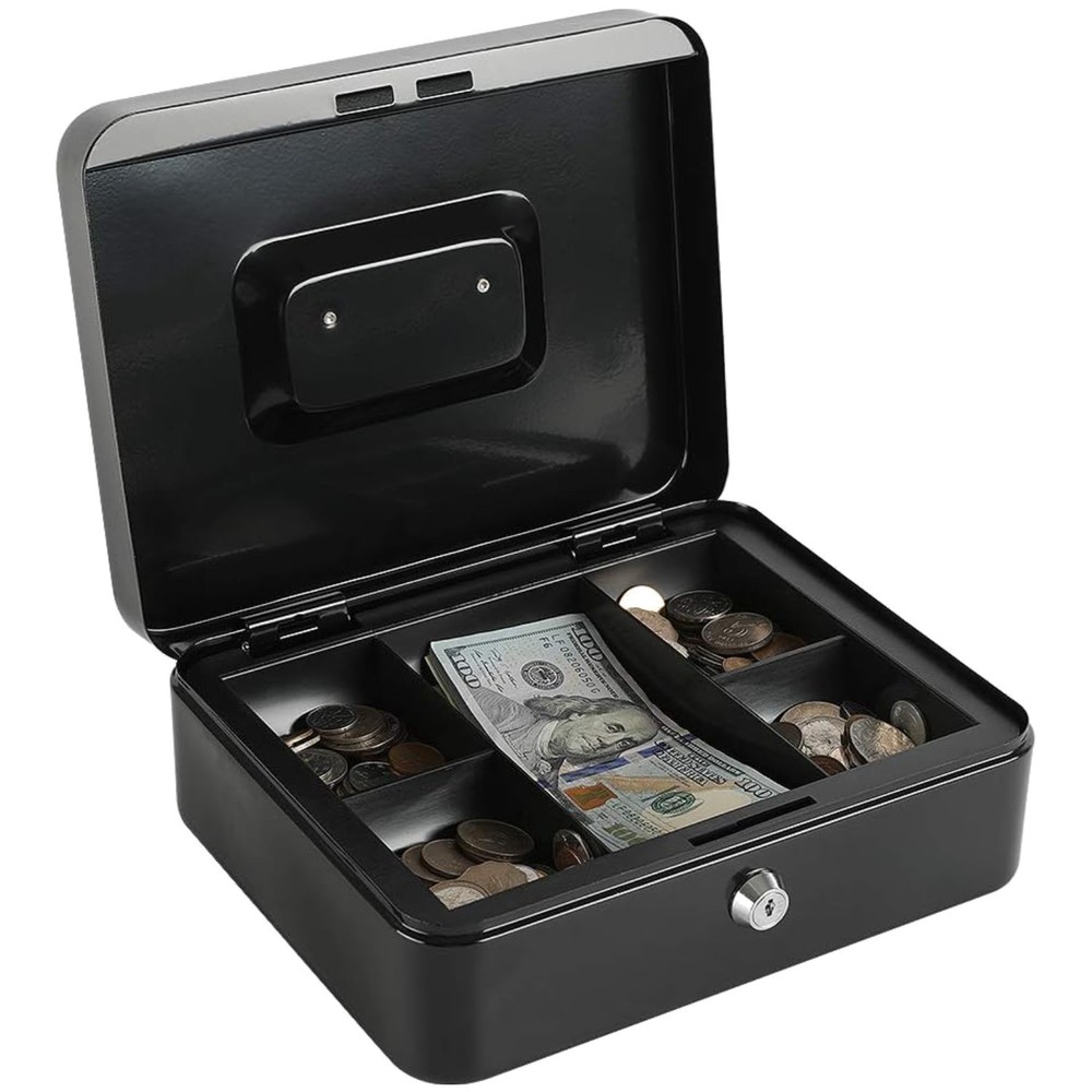 Stylish Black Cash Box with Key Lock & Five Compartment Coin Tray – 9.84″x7.87″